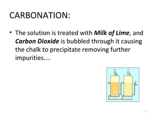 CARBONATION: The solution is treated with  Milk of Lime , and  Carbon Dioxide  is bubbled through it causing the chalk to precipitate removing further impurities.... 