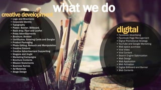 creativedevelopment
• Logo and Mnemonic
• Corporate Identity
• Typography
• Poster, Banner, Billboard,
• Back drop, Flyer and Leaflet
• Press Advertisements
• Brochure, Booklet
• Certificates, Greeting Cards and Dangler
• Product Packaging
• Photo Editing, Retouch and Manipulation
• Creative Content
• Creative Advertisement Copywriting
• Slogans and Jingle
• Marketing Campaigns
• Brochure Contents
• Mission Statements
• Business Names
• Ad Materials
• Stage Design
digital• Facebook Advertising
• Facebook Page Management
• Digital Promotional Strategy
• YouTube and Google Marketing
• Web space purchase
• Viral Video
• Viral Content
• Search Engine Optimization
• Web Design
• Web Application
• Web Activation
• Digital Billboard and Banner
• Web Contents
what we do
 