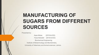 MANUFACTURING OF
SUGARS FROM DIFFERENT
SOURCES
Presented by:
Aqsa Abbas (2016-bt-032)
Faiza Abdullah (2016-bt-033)
Biochemical Engineering.
Institute of Biotechnology and Biochemistry.
University of Veterinary and Animal sciences, Lahore.
 
