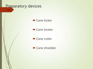 Preparatory devices
 Cane kicker
 Cane leveler
 Cane cutter
 Cane shredder
121
 