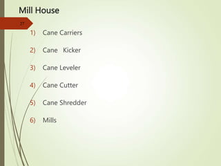 Mill House
1) Cane Carriers
2) Cane Kicker
3) Cane Leveler
4) Cane Cutter
5) Cane Shredder
6) Mills
27
 