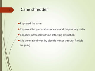 Cane shredder
Ruptured the cane.
Improves the preparation of cane and preparatory index
Capacity increased without effecting extraction
It is generally driven by electric motor through flexible
coupling
32
 
