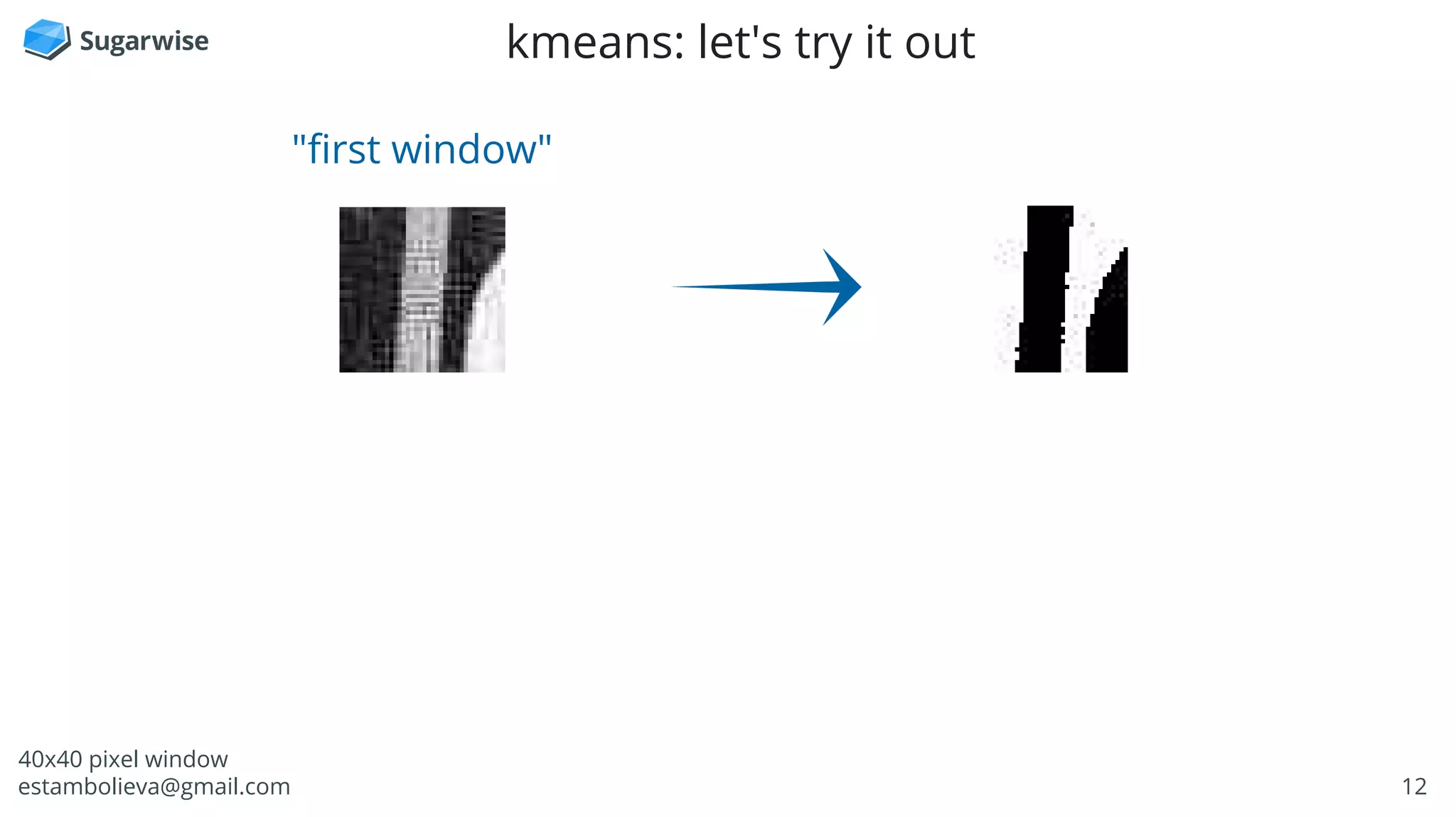 12estambolieva@gmail.com
kmeans: let's try it out
40x40 pixel window
"first window"
 