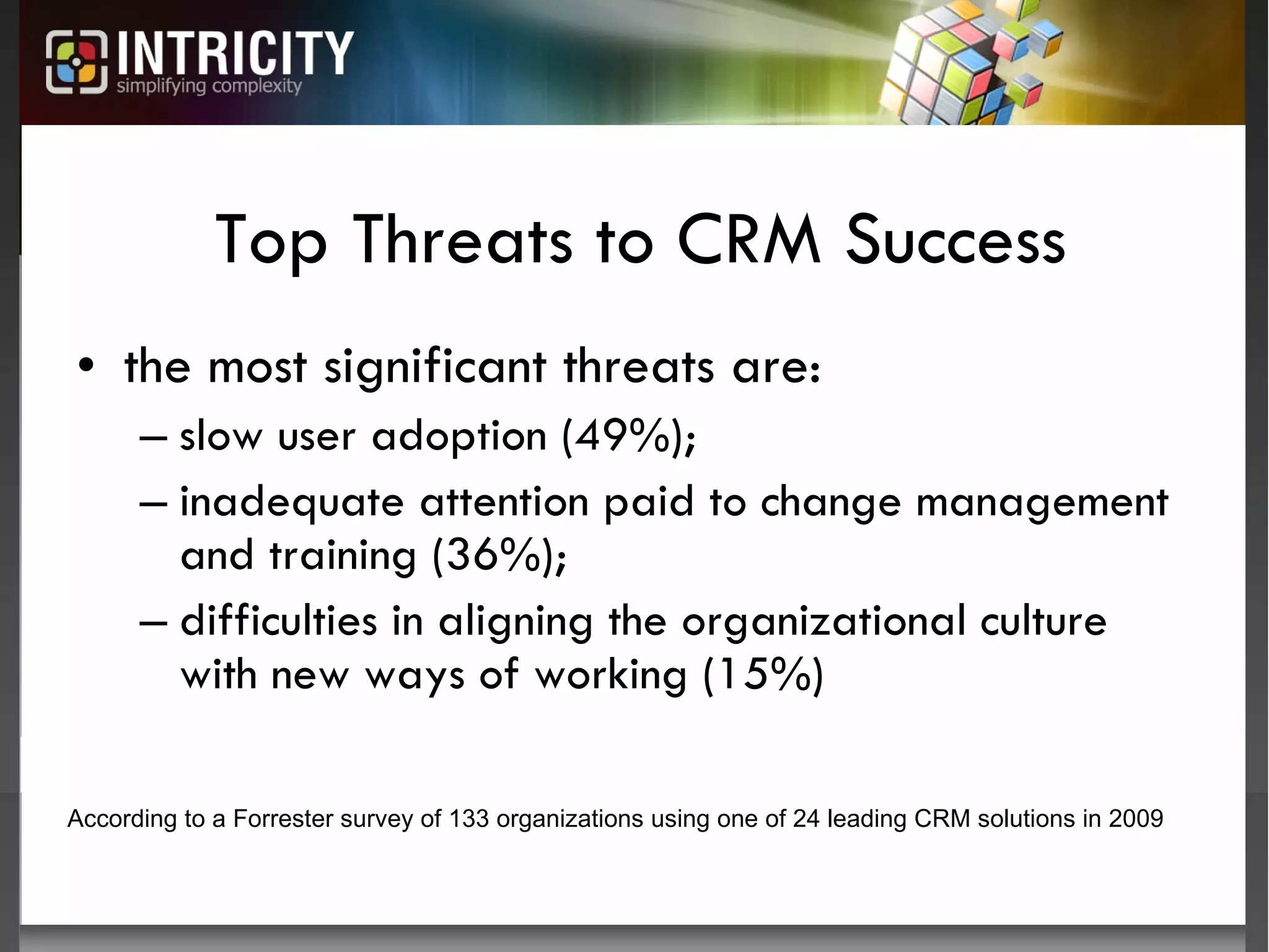Top Threats to CRM Success the most significant threats are:  slow user adoption (49%);  inadequate attention paid to change management and training (36%);  difficulties in aligning the organizational culture with new ways of working (15%) According to a Forrester survey of 133 organizations using one of 24 leading CRM solutions in 2009 