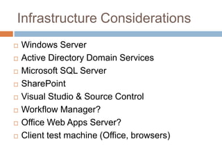 Infrastructure Considerations
 Windows Server
 Active Directory Domain Services
 Microsoft SQL Server
 SharePoint
 Vi...