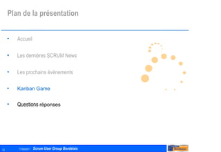 Plan de la présentation Accueil Les dernières SCRUM News Les prochains évènements Kanban Game Questions  réponses 