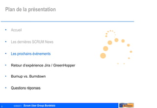 Plan de la présentation Accueil Les dernières SCRUM News Les prochains évènements Retour d’expérience Jira / GreenHopper Burnup vs. Burndown Questions réponses 