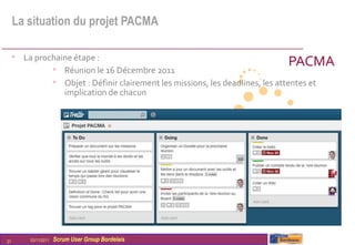 La situation du projet PACMA

     • La prochaine étape :
                                                                                PACMA
              • Réunion le 16 Décembre 2011
              • Objet : Définir clairement les missions, les deadlines, les attentes et
                          implication de chacun




21       03/11/2011   Scrum User Group Bordelais
 
