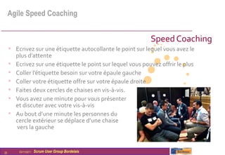 Agile Speed Coaching


                                                               Speed Coaching
     • Ecrivez sur une étiquette autocollante le point sur lequel vous avez le
         plus d’attente
     •   Ecrivez sur une étiquette le point sur lequel vous pouvez offrir le plus
     •   Coller l’étiquette besoin sur votre épaule gauche
     •   Coller votre étiquette offre sur votre épaule droite
     •   Faites deux cercles de chaises en vis-à-vis.
     •   Vous avez une minute pour vous présenter
         et discuter avec votre vis-à-vis
     •   Au bout d’une minute les personnes du
         cercle extérieur se déplace d’une chaise
         vers la gauche


25        03/11/2011   Scrum User Group Bordelais
 