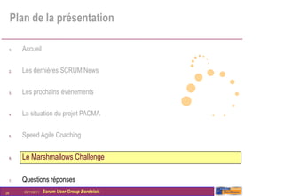 Plan de la présentation

     1.   Accueil

     2.   Les dernières SCRUM News

     3.   Les prochains évènements

     4.   La situation du projet PACMA

     5.   Speed Agile Coaching


     6.   Le Marshmallows Challenge

     7.   Questions réponses
28        03/11/2011   Scrum User Group Bordelais
 