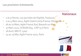 Les prochains évènements


                                                                Nationaux
     •   2 et 3 Février, Les journées de l’Agilité, Toulouse
     •   2 au 4 Mars 2012, Agile Coach Camp France, Chevreuse
     •   16 au 17 Mars, Agile France Sud, Banyuls sur Mer
     •   27 Mars 2012, SCRUM Day, CAP 15 à Paris
     •   26 Avril, MIX IT, Lyon
     •   24 au 25 Mai, Agile France 2012, Paris




10        26/01/2012   Scrum User Group Bordelais
 