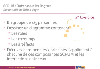 SCRUM : Outrepasser les Dogmes
     Sur une idée de Tobias Mayer

                                                   1er Exercice
     • En groupe de 4/5 personnes
     • Dessinez un diagramme contenant
        • Les rôles
        • Les meetings
        • Les artéfacts
     • Décrivez comment les 5 principes s'appliquent à
       chacune de ces composantes SCRUM et les
       interactions entre eux
24       26/01/2012   Scrum User Group Bordelais
 