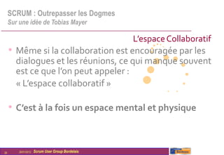 SCRUM : Outrepasser les Dogmes
     Sur une idée de Tobias Mayer

                                                   L’espace Collaboratif
     • Même si la collaboration est encouragée par les
       dialogues et les réunions, ce qui manque souvent
       est ce que l’on peut appeler :
       « L’espace collaboratif »

     • C’est à la fois un espace mental et physique


26       26/01/2012   Scrum User Group Bordelais
 