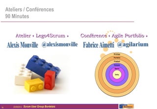 Ateliers / Conférences
     90 Minutes


          Atelier « Lego4Scrum »                  Conférence « Agile Portfolio »




18      25/09/2012   Scrum User Group Bordelais
 