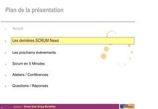 Plan de la présentation

    1.   Accueil


    2.   Les dernières SCRUM News

    3.   Les prochains évènements


    4.   Scrum en 5 Minutes


    5.   Ateliers / Conférences


    6.   Questions / Réponses




8        25/09/2012   Scrum User Group Bordelais
 
