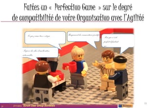 Faites un « Perfection Game » sur le degré
       de compatibilité de votre Organisation avec l’Agilité
                           Ce que j’aime bien c’est que …   Uniquement des commentaires positifs ?
                                                                                                     Pour que ce soit
                                                                                                     parfait il faudrait
                                                                                                     que …
                     Proposer des idées d’amélioration
                     actionnables




     27/11/2012                                                 Scrum Wine                                                 21
21      27/11/2012   Scrum User Group Bordelais
 