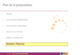 Plan de la présentation

     1.   Accueil

     2.   Les dernières SCRUM News

     3.   Les prochains évènements

     4.   Scrum en 5 minutes


     5.   Ateliers / Conférences


     6.   Questions / Réponses



27        27/11/2012   Scrum User Group Bordelais
 