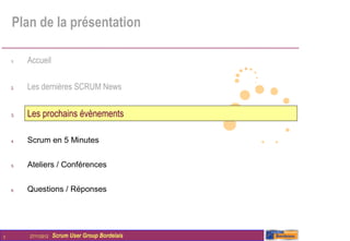 Plan de la présentation

    1.   Accueil

    2.   Les dernières SCRUM News


    3.   Les prochains évènements

    4.   Scrum en 5 Minutes


    5.   Ateliers / Conférences


    6.   Questions / Réponses




7        27/11/2012   Scrum User Group Bordelais
 