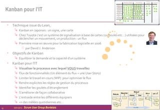 Kanban pour l’IT

     • Technique issue du Lean,
           Kanban en Japonais : un signe, une carte
           Chez Toyota c’est un système de signalisation à base de cartes (ou boules etc…) utilisées pour
            déclencher un mouvement, un production : un flux
           Première mise en œuvre pour la fabrication logicielle en 2006
               par David J. Anderson

     • Objectifs de Kanban
           Equilibrer la demande et la capacité d’un système
     •   Kanban pour l’IT
           Visualiser le processus avec lequel VOUS travaillez
           Flux de fonctionnalités (Un élément du flux = une User Story)
           Limiter le travail en cours (WIP) pour optimiser le flux
           Rendre explicites les règles de gestion du processus
           Identifier les goulets d’étranglement
           S’améliorer de façon collaborative
           L’entraide entre les différents équipiers
           => des mêlées quotidiennes etc…
15       16/01/2013   Scrum User Group Bordelais
 