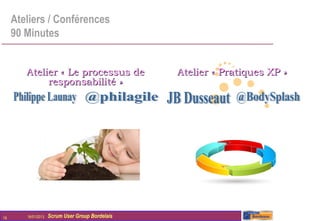 Ateliers / Conférences
     90 Minutes


        Atelier « Le processus de                 Atelier « Pratiques XP »
             responsabilité »




19      16/01/2013   Scrum User Group Bordelais
 