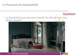 Le Processus de responsabilité


                                                               Question
     • La dernière fois que vous avez cherché vos clés, qu’avez-vous
       pensé, ressenti?




21      16/01/2013   Scrum User Group Bordelais
 