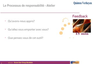 Le Processus de responsabilité - Atelier


                                                  Feedback
      • Qu’avons-nous appris?

      • Qu’allez vous emporter avec vous?

      • Que pensez-vous de cet outil?




32      16/01/2013   Scrum User Group Bordelais
 