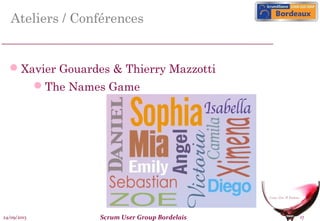 Ateliers / Conférences

Xavier Gouardes & Thierry Mazzotti
The Names Game

24/09/2013

Scrum User Group Bordelais

17

 