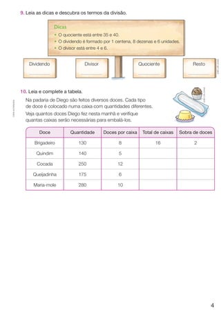 CÓPIA AUTORIZADA. 
9. Leia as dicas e descubra os termos da divisão. 
Dicas 
• O quociente está entre 35 e 40. 
• O dividendo é formado por 1 centena, 8 dezenas e 6 unidades. 
• O divisor está entre 4 e 6. 
Dividendo Divisor Quociente Resto 
10. Leia e complete a tabela. 
Na padaria de Diego são feitos diversos doces. Cada tipo 
de doce é colocado numa caixa com quantidades diferentes. 
Veja quantos doces Diego fez nesta manhã e verifique 
quantas caixas serão necessárias para embalá-los. 
Doce Quantidade Doces por caixa Total de caixas Sobra de doces 
Brigadeiro 130 8 16 2 
Quindim 140 5 
Cocada 250 12 
Queijadinha 175 6 
Maria-mole 280 10 
JOSÉ LUÍS JUHAS 
JOSÉ LUÍS JUHAS 
4 
 