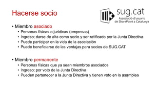 Hacerse socio
• Miembro asociado
  •   Personas físicas o jurídicas (empresas)
  •   Ingreso: darse de alta como socio y ser ratificado por la Junta Directiva
  •   Puede participar en la vida de la asociación
  •   Puede beneficiarse de las ventajas para socios de SUG.CAT


• Miembro permanente
  • Personas físicas que ya sean miembros asociados
  • Ingreso: por voto de la Junta Directiva
  • Pueden pertenecer a la Junta Directiva y tienen voto en la asamblea
 