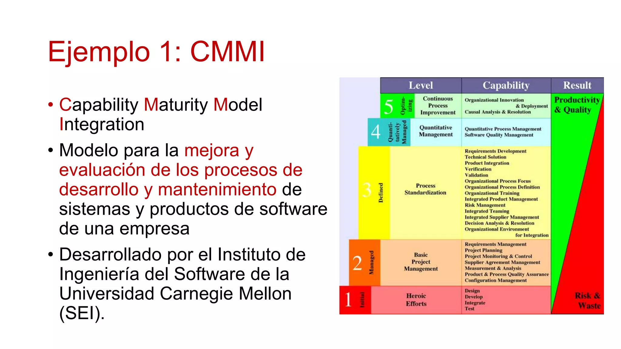 Ejemplo 1: CMMI
• Capability Maturity Model
  Integration
• Modelo para la mejora y
  evaluación de los procesos de
  desarrollo y mantenimiento de
  sistemas y productos de software
  de una empresa
• Desarrollado por el Instituto de
  Ingeniería del Software de la
  Universidad Carnegie Mellon
  (SEI).
 