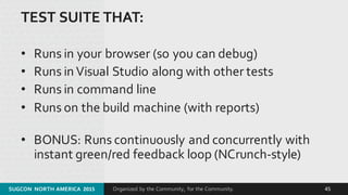 Organized by the Community, for the Community.
TEST SUITE THAT:
• Runs in your browser (so you can debug)
• Runs in Visual Studio along with other tests
• Runs in command line
• Runs on the build machine (with reports)
• BONUS: Runs continuously and concurrently with 
instant green/red feedback loop (NCrunch-­‐style)
SUGCON  NORTH AMERICA  2015 45
 
