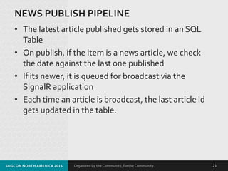 Organized by the Community, for the Community.
NEWS PUBLISH PIPELINE
• The latest article published gets stored in an SQL
Table
• On publish, if the item is a news article, we check
the date against the last one published
• If its newer, it is queued for broadcast via the
SignalR application
• Each time an article is broadcast, the last article Id
gets updated in the table.
SUGCON NORTH AMERICA 2015 21
 