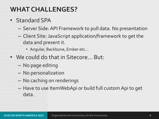 Organized by the Community, for the Community.
WHAT CHALLENGES?
• Standard SPA
– Server Side: API Framework to pull data. No presentation
– Client Site: JavaScript application/framework to get the
data and present it.
• Angular, Backbone, Ember etc…
• We could do that in Sitecore… But:
– No page editing
– No personalization
– No caching on renderings
– Have to use ItemWebApi or build full custom Api to get
data.
SUGCON NORTH AMERICA 2015 6
 
