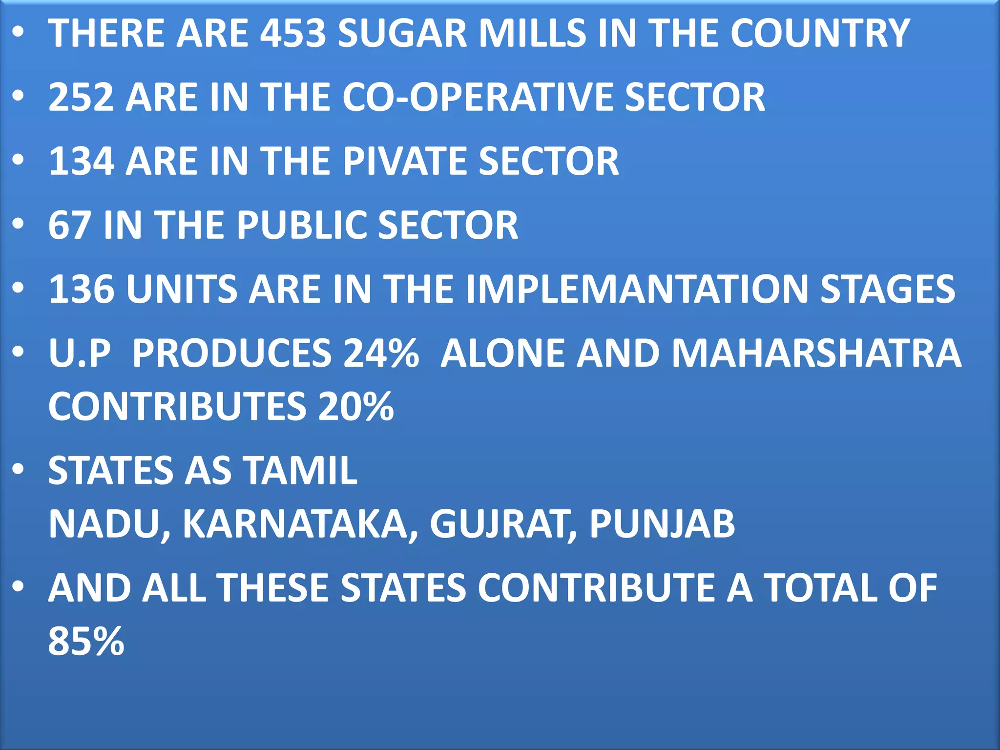 • THERE ARE 453 SUGAR MILLS IN THE COUNTRY
• 252 ARE IN THE CO-OPERATIVE SECTOR
• 134 ARE IN THE PIVATE SECTOR
• 67 IN THE PUBLIC SECTOR
• 136 UNITS ARE IN THE IMPLEMANTATION STAGES
• U.P PRODUCES 24% ALONE AND MAHARSHATRA
  CONTRIBUTES 20%
• STATES AS TAMIL
  NADU, KARNATAKA, GUJRAT, PUNJAB
• AND ALL THESE STATES CONTRIBUTE A TOTAL OF
  85%
 