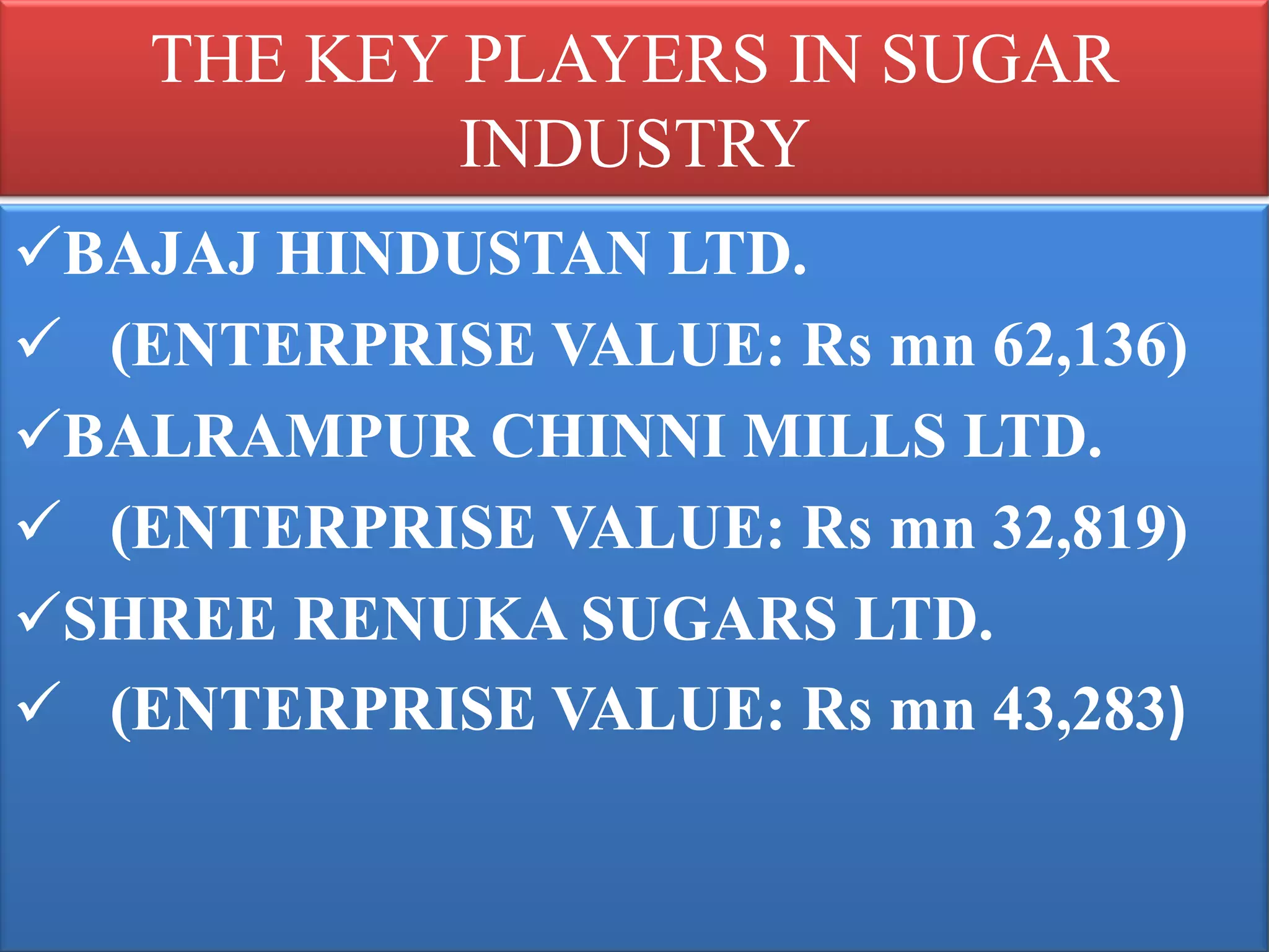 THE KEY PLAYERS IN SUGAR
           INDUSTRY
BAJAJ HINDUSTAN LTD.
 (ENTERPRISE VALUE: Rs mn 62,136)
BALRAMPUR CHINNI MILLS LTD.
 (ENTERPRISE VALUE: Rs mn 32,819)
SHREE RENUKA SUGARS LTD.
 (ENTERPRISE VALUE: Rs mn 43,283)
 