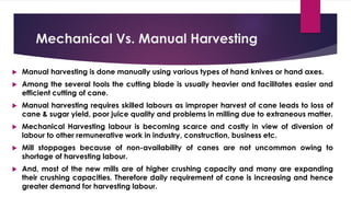 Mechanical Vs. Manual Harvesting
 Manual harvesting is done manually using various types of hand knives or hand axes.
 Among the several tools the cutting blade is usually heavier and facilitates easier and
efficient cutting of cane.
 Manual harvesting requires skilled labours as improper harvest of cane leads to loss of
cane & sugar yield, poor juice quality and problems in milling due to extraneous matter.
 Mechanical Harvesting labour is becoming scarce and costly in view of diversion of
labour to other remunerative work in industry, construction, business etc.
 Mill stoppages because of non-availability of canes are not uncommon owing to
shortage of harvesting labour.
 And, most of the new mills are of higher crushing capacity and many are expanding
their crushing capacities. Therefore daily requirement of cane is increasing and hence
greater demand for harvesting labour.
 
