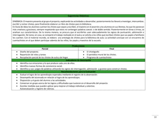 13
Sugerencias Didácticas
DINÁMICA: El maestro presenta al grupo el proyecto, explicando las actividades a desarrollar; posteriormente los llevará a investigar, intercambiar,
escribir y contar chistes; para finalmente elaborar un libro de chistes para la biblioteca.
En lluvia de ideas los alumnos cuentan los chistes que sepan y escriben, el maestro en el pizarrón y los alumnos en sus libretas, los que les parezcan
más creativos y graciosos; siempre respetando que estos no contengan palabras soeces o de doble sentido. Posteriormente en binas o trinas, se
analizan sus características. De la misma manera, se procura que al escribirlos usen adecuadamente los signos de puntuación, admiración e
interrogación. De tarea, en casa, se comparte el trabajo realizado en el aula y se solicita a los niños que escriban chistes que sus papás o familiares
les cuenten. Con el material reunido, se elabora una antología de chistes para la biblioteca de aula. La actividad concluye con un encuentro de
cuentachistes en el que deben participar además de los niños, los papás y maestros de la escuela.
Producciones
Parcial Final
 Diseño del proyecto.
 Repartición de roles y tareas
 Recopilación parcial de los chistes de aula y de hogar
 El chistógrafo
 El periódico mural de los chistes.
 Programa de cuentachistes
Indicadores de desempeño
 Identifica sus emociones y lo que produce cada uno de ellos.
 Identifica nuevas formas de convivencia social.
 Identifica y usa juegos de palabras utilizando los signos de interrogación, admiración y guiones para construir chistes.
Recomendaciones para la Evaluación
 Evaluar el logro de los aprendizajes esperados mediante el registro de la observación.
 Desempeño del alumnado en relación al logro de los aprendizajes.
 Disposición y el gusto del alumno a las actividades.
 Conversar en grupo acerca de los logros y dificultades que tuvieron en el desarrollo del proyecto.
 Acordar medidas que pueden aplicar para mejorar el trabajo individual y colectivo.
Autoevaluación y registro de rúbricas.
 