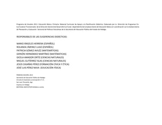 RESPONSABLES DE LAS SUGERENCIAS DIDÁCTICAS:
MARIO ÁNGELES HERRERA (ESPAÑOL)
ROLANDA JÍMENEZ LUGO (ESPAÑOL)
PATRICIA GÓMEZ AVILÉZ (MATEMÁTICAS)
GERSÓN HERNÁNDEZ MARTÍNEZ (MATÉMATICAS)
GICELA AMADOR ORTÍZ (CIENCIAS NATURALES)
MIGUEL GUTÍERREZ ISLAS (CIENCIAS NATURALES)
JESÚS CASAÑAS PÉREZ (FORMACIÓN CÍVICA Y ÉTICA)
JOSÉ LUIS PÉREZ NAVA (EDUCACIÓN FÍSICA)
PRIMERA EDICIÓN, 2013
Secretaría de Educación Pública de Hidalgo
Circuito Ex hacienda La Concepción LT-17,
San Juan Tilcuautla, Hgo.
Impreso en Hidalgo
MATERIAL GRATUITO/Prohibida su venta
Programa de Estudios 2011. Educación Básica. Primaria. Material Curricular de Apoyo a la Planificación Didáctica. Elaborado por la Dirección de Programas Co-
Curriculares Transversales de la Dirección General de Desarrollo Curricular dependiente de la Subsecretaría de Educación Básica en coordinación con la Subsecretaria
de Planeación y Evaluación Sectorial de Políticas Educativas de la Secretaría de Educación Pública del Estado de Hidalgo.
 