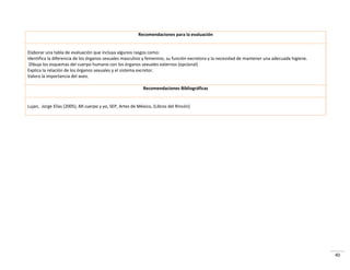40
Recomendaciones para la evaluación
Elaborar una tabla de evaluación que incluya algunos rasgos como:
Identifica la diferencia de los órganos sexuales masculino y femenino, su función excretora y la necesidad de mantener una adecuada higiene.
Dibuja los esquemas del cuerpo humano con los órganos sexuales externos (opcional)
Explica la relación de los órganos sexuales y el sistema excretor.
Valora la importancia del aseo.
Recomendaciones Bibliográficas
Lujan, Jorge Elías (2005), Mi cuerpo y yo, SEP, Artes de México, (Libros del Rincón)
 