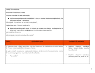 60
¿Qué es una trayectoria?
Direcciones y distancias en el juego.
¿Cómo te orientas en un lugar determinado?
 Sincronización y desarrollo del ritmo externo y musical a partir de movimientos segmentarios, con
diferentes cadencias y percusiones.
¿Cómo puede el ritmo motor ser parte del ritmo musical?
¿Qué utilidad tiene el ritmo en la vida diaria?
 Apreciación del desempeño propio en términos de limitaciones y alcances, considerando que el
esfuerzo es una condición de logro para los movimientos con mayor precisión.
La práctica hace al maestro.
¿Cómo mejoran mis movimientos cuando practico?
Sesión
1
Actividades de inicio Indicadores de desempeño
En esta secuencia, se trabajan aprendizajes esperados relacionados con el autoconocimiento y el cuidado
de sí mismo mediante actividades vivenciales y lúdicas.
Se sugiere iniciar la secuencia con una evaluación inicial, en donde se recaten los conocimientos previos
de los alumnos y registrarlos en un instrumento de evaluación.
• Los saludos
 Establece relaciones topológicas
básicas (delante-detrás, derecha-
izquierda, etc.)
 Establece relaciones proyectivas
(delante de, detrás de, al lado de, etc.)
 