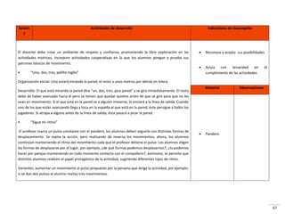 67
Sesión
7
Actividades de desarrollo Indicadores de desempeño
El docente debe crear un ambiente de respeto y confianza, promoviendo la libre exploración en las
actividades motrices, incorpore actividades cooperativas en la que los alumnos pongan a prueba sus
patrones básicos de movimiento.
• U o, dos, t es, pollito i glés
Organización inicial: Uno estará mirando la pared, el resto a unos metros por detrás en hilera.
Desarrollo: El que está mirando la pared dice "un, dos, tres, pica pared" y se gira inmediatamente. El resto
debe de haber avanzado hacia él pero se tienen que quedar quietos antes de que se gire para que no les
vean en movimiento. Si el que está en la pared ve a alguien moverse, lo enviará a la línea de salida. Cuando
uno de los que están avanzando llega y toca en la espalda al que está en la pared, éste persigue a todos los
jugadores. Si atrapa a alguno antes de la línea de salida, ésta pasará a picar la pared.
• “igue i it o
El profesor marca un pulso constante con el pandero, los alumnos deben seguirlo con distintas formas de
desplazamiento. Se repite la acción, pero realizando de reversa los movimientos; ahora, los alumnos
continúan manteniendo el ritmo del movimiento cada que el profesor detiene el pulso. Los alumnos eligen
las formas de desplazarse por el lugar, por ejemplo, ¿de qué formas podemos desplazarnos?, ¿lo podemos
hacer por parejas manteniendo en todo momento contacto con el compañero?; asimismo, se permite que
distintos alumnos realicen el papel protagónico de la actividad, sugiriendo diferentes tipos de ritmo.
Variantes: aumentar un movimiento al pulso propuesto por la persona que dirige la actividad, por ejemplo:
si se dan dos pulsos el alumno realiza tres movimientos.
 Reconoce y acepta sus posibilidades
 Actúa con tenacidad en el
cumplimiento de las actividades
Material Observaciones
 Pandero
 