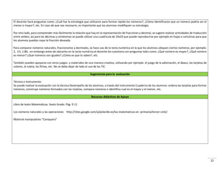 22
El docente hará preguntas como: ¿Cuál fue la estrategia que utilizaron para formar rápido los números?, ¿Cómo identificaron que un número podría ser el
menor o mayor?, etc. En caso de que sea necesario, es importante que los alumnos modifiquen su estrategia.
Por otro lado, para comprender más fácilmente la relación que hay en la representación de fracciones y decimal, se sugiere realizar actividades de traducción
entre ambos; así para las décimas y centésimas se puede utilizar una cuadrícula de 10x10 que puede reproducirse por ejemplo en hojas o cartulinas para que
los alumnos puedan rayar la fracción deseada.
Para comparar números naturales, fraccionarios y decimales, se hace uso de la recta numérica en la que los alumnos ubiquen ciertos números, por ejemplo:
2, 1⅕, 1.80; sin embargo antes de ubicarlos en la recta numérica el docente los cuestiona con preguntas tales como: ¿Qué número es mayor?, ¿Qué número
es menor? ¿Qué números son iguales? ¿Cómo es que lo saben?, etc.
También pueden apoyarse con otros juegos y materiales de una manera creativa, utilizando por ejemplo: el juego de la adivinación, el ábaco, las tarjetas de
colores, la ruleta, las fichas, etc. No se debe dejar de lado el uso de las TIC.
Sugerencias para la evaluación
Técnica e Instrumento:
Se puede realizar la evaluación con la técnica Desempeño de los alumnos, a través del instrumento Cuaderno de los alumnos: ordena las tarjetas para formar
números, construye números formados con las tarjetas, compara números e identifica cual es el mayor y el menor, etc.
Recursos didácticos de Apoyo
Libro de texto Matemáticas. Sexto Grado. Pág. 9-11
Los números naturales y las operaciones http://sites.google.com/a/polaride.es/las-matematicas-en -primaria/tercer-ciclo/
Material manipulativo “Caniquero”
 