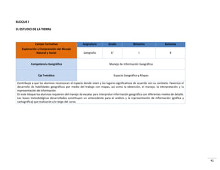 41
BLOQUE I
EL ESTUDIO DE LA TIERRA
Campo Formativo Asignatura Grado Bimestre Semanas
Exploración y Comprensión del Mundo
Natural y Social Geografía 6° I 8
Competencia Geográfica Manejo de Información Geográfica
Eje Temático Espacio Geográfico y Mapas
Contribuye a que los alumnos reconozcan el espacio donde viven y los lugares significativos de acuerdo con su contexto. Favorece el
desarrollo de habilidades geográficas por medio del trabajo con mapas, así como la obtención, el manejo, la interpretación y la
representación de información.
En este bloque los alumnos requieren del manejo de escalas para interpretar información geográfica con diferentes niveles de detalle.
Las bases metodológicas desarrolladas constituyen un antecedente para el análisis y la representación de información (gráfica y
cartográfica) que realizarán a lo largo del curso.
 