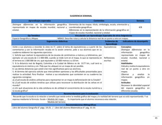 45
SUGERENCIA SEMANAL
Aprendizajes esperados Contenidos Semana
Distingue diferencias en la información geográfica
representada en mapas de escalas mundial, nacional y
estatal.
Elementos de los mapas: título, simbología, escala, orientación y
coordenadas geográficas.
Diferencias en la representación de la información geográfica en
mapas de escalas mundial, nacional y estatal.
4/8
Eje Temático Vinculación con Aprendizajes Esperados de otras Asignaturas
Espacio Geográfico y Mapas MBIA3. Describe rutas y calcula la distancia real de un punto a otro en mapas.
Sugerencias didácticas Evidencias de
Aprendizaje
Indicadores de desempeño
Invite a sus alumnos a recordar lo visto en 5°, sobre el tema de equivalencias y a partir de los
comentarios y con la información recaba en la sesión anterior, pida a sus alumnos que en su
cuaderno elaboren los siguientes ejercicios:
1. Solicite que realicen la equivalencia de las escalas de centímetros a metros y a kilómetros, por
ejemplo: en una escala de 1:1 000 000, cuando se mide 1cm en el mapa, lo que se representa en
el terreno es 1 000 000 de cm, que equivalen a 10 000 metros o a 10 km.
5. Si la distancia real de Bogotá, Colombia a la Cuidad de México es de 3177 km, cuál será su
equivalencia en metros y cm. Pida que los ubiquen en un mapa de ser posible.
6. Las demás distancias que usted cree más significativas para sus alumnos.
5. Al término del ejercicio solicite que intercambien opiniones y las dificultades presentadas para
realizar la actividad. Para finalizar motive a sus estudiantes que contesten en su cuaderno las
siguientes consignas:
a) ¿Cuál escala de análisis utilizarías para representar en un mapa la deforestación de tu Estado?
b) ¿Cuál escala de análisis tendrías que utilizar para reconocer la distribución de las selvas en el
mundo?
c) ¿En qué situaciones de la vida cotidiana es de utilidad el conocimiento de la escala numérica y
la escala gráfica?
Equivalencias
Reflexiones
escritas
Conceptos:
Distingue diferencias en la
información geográfica
representada en mapas de
escalas mundial, nacional y
estatal.
Habilidades:
Calcula y realiza la equivalencia
real de un punto a otro en
mapas.
Observa y analiza la
información geográfica en
mapas.
Actitudes:
Reconoce la identidad espacial
del espacio geográfico en
diferentes escalas.
Recomendaciones para la evaluación
Recuerde que la escala es la relación o tamaño que existe entre la medida gráfica del mapa y la realidad del terreno que se está representando. Y se
expresa mediante la fórmula: Escala = Medida del mapa . Es importante que el alumno reconozca esta relación.
Medida del terreno
Recomendaciones Bibliográficas
Libro del alumno Geografía 6° págs. 19-25. / Libro del alumno Matemáticas 6° pág. 31-33.
 
