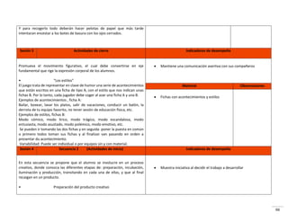 66
Y para recogerlo todo deberán hacer pelotas de papel que más tarde
intentaran encestar a los botes de basura con los ojos cerrados.
Sesión 3 Actividades de cierre Indicadores de desempeño
Promueva el movimiento figurativo, el cual debe convertirse en eje
fundamental que rige la expresión corporal de los alumnos.
• “Los estilos”
El juego trata de representar en clave de humor una serie de acontecimientos
que están escritos en una ficha de tipo A, con el estilo que nos indican unas
fichas B. Por lo tanto, cada jugador debe coger al azar una ficha A y una B.
Ejemplos de acontecimientos , ficha A:
Bailar, boxear, lavar los platos, salir de vacaciones, conducir un balón, la
derrota de tu equipo favorito, no tener sesión de educación física, etc.
Ejemplos de estilos, fichas B:
Modo cómico, modo lirico, modo trágico, modo escandalosa, modo
entusiasta, modo asustado, modo polémico, modo emotivo, etc.
Se pueden ir tomando las dos fichas y en seguida poner la puesta en común
o primero todos toman sus fichas y al finalizar van pasando en orden a
presentar du acontecimiento.
Variabilidad: Puede ser individual o por equipos sin y con material.
 Mantiene una comunicación asertiva con sus compañeros
Material Observaciones
 Fichas con acontecimientos y estilos
Sesión 4 Secuencia 2 (Actividades de inicio) Indicadores de desempeño
En esta secuencia se propone que el alumno se involucre en un proceso
creativo, donde conozca las diferentes etapas de: preparación, incubación,
iluminación y producción, transitando en cada una de ellas, y que al final
recaigan en un producto.
• Preparación del producto creativo
 Muestra iniciativa al decidir el trabajo a desarrollar
 