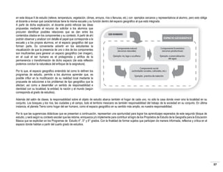 en este bloque II de estudio (relieve, temperatura, vegetación, climas, arroyos, ríos o llanuras, etc.) con ejemplos cercanos y representativos al alumno, pero esto obliga
al docente a revisar qué características tiene la misma escuela y su función dentro del espacio geográfico al que está integrada.
A partir de dicha explicación, el docente podrá reforzar las ideas
propuestas mediante el recurso de solicitar a los alumnos que
procuren identificar posibles relaciones que se dan entre los
contenidos citados en los componentes y su contexto. A partir de ahí
podrán observar y analizar con detalle el papel que corresponde a la
escuela y a los propios alumnos, en el espacio geográfico del que
forman parte. Es conveniente advertir en los estudiantes la
visualización de que la presencia de uno o dos de los componentes
son insuficientes para generar un espacio geográfico (ver imagen),
en el cual el ser humano es el protagonista y artífice de la
permanencia o transformación de dicho espacio (de esta reflexión
podemos concluir la naturaleza del enfoque de la asignatura).
Por lo que, el espacio geográfico entendido tal como lo definen los
programas de estudio, permite a los alumnos aprender que, es
posible influir en la modificación de su realidad local mediante la
propuesta de soluciones a los problemas de tipo geográfico que la
afectan; así como a desarrollar un sentido de responsabilidad e
identidad con su localidad, la entidad, la nación y el mundo (según
corresponda al grado de estudios).
Además del salón de clases, la responsabilidad sobre el objeto de estudio abarca también el hogar de cada uno, no sólo la casa donde viven sino la localidad en su
conjunto. Los bosques y los ríos, las ciudades y el campo, todo el territorio mexicano es también responsabilidad del trabajo de la sociedad en su conjunto. En última
instancia, el planeta Tierra como hogar del ser humano, como el espacio geográfico en su sentido más amplio, es nuestra responsabilidad.
Por lo que las sugerencias didácticas que se presentan a continuación, representan una oportunidad para lograr los aprendizajes esperados de este segundo bloque de
estudio, y será según su contexto escolar que las retome, enriquezca y/o implemente para contribuir al logro de los Propósitos de Estudio de la Geografía para la Educación
Básica que se explicitan en los Programas de Estudio 4°, 5° y 6° grados. Con la finalidad de formar sujetos que participen de manera informada, reflexiva y crítica en el
espacio donde habitan a partir del cuarto grado de estudios.

37

 