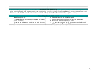 Recomendaciones de evaluación
Evaluar productos (cuaderno de notas, conclusiones y respuestas) que presentan sus evidencias sobre para adquirir compromisos que les permitan
alcanzar una meta. También se puede evaluar con una escala de actitudes donde señale disposición positiva, negativa o neutral.

•
•
•

Apoyo bibliográfico y/o sitio de internet
www.valores.com.mx.
• Videos de derechos de libertad de UNICEF.
Parte dogmática de la Constitución Política de los Estados
• Videos Conoce Nuestra Constitución derechos de libertad.
Unidos Mexicanos.
• Declaración de los Derechos de los Niños.
Carta de la Declaración Universal de los Derechos
•
Ley para la Protección de los Derechos de las Niñas, Niños y
Humanos.
Adolescentes en el Estado de Hidalgo.

63

 