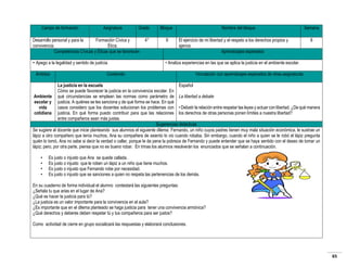 Campo de formación

Asignatura

Grado

Desarrollo personal y para la
Formación Cívica y
convivencia.
Ética.
Competencias Cívicas y Éticas que se favorecen
• Apego a la legalidad y sentido de justicia.
Ámbitos

4°

Bloque
II

Nombre del bloque
El ejercicio de mi libertad y el respeto a los derechos propios y
ajenos.
Aprendizajes esperados

Semana
8

• Analiza experiencias en las que se aplica la justicia en el ambiente escolar.

Contenido

Vinculación con aprendizajes esperados de otras asignaturas

La justicia en la escuela
Español
Cómo se puede favorecer la justicia en la convivencia escolar. En
Ambiente qué circunstancias se emplean las normas como parámetro de La libertad a debate
escolar y justicia. A quiénes se les sanciona y de qué forma se hace. En qué
vida
casos considero que los docentes solucionan los problemas con • Debatir la relación entre respetar las leyes y actuar con libertad. ¿De qué manera
cotidiana justicia. En qué forma puedo contribuir para que las relaciones los derechos de otras personas ponen límites a nuestra libertad?
entre compañeros sean más justas.
Sugerencias didácticas
Se sugiere al docente que inicie planteando sus alumnos el siguiente dilema: Fernando, un niño cuyos padres tienen muy mala situación económica, le sustrae un
lápiz a otro compañero que tenía muchos, Ana su compañera de asiento lo vio cuando robaba. Sin embargo, cuando el niño a quien se le robó el lápiz pregunta
quién lo tomó, Ana no sabe si decir la verdad o callar, porque le da pena la pobreza de Fernando y puede entender que se haya sentido con el deseo de tomar un
lápiz; pero, por otra parte, piensa que no es bueno robar. En trinas los alumnos resolverán los enunciados que se señalan a continuación.
•
•
•
•

Es justo o injusto que Ana se quede callada.
Es justo o injusto que le roben un lápiz a un niño que tiene muchos.
Es justo o injusto que Fernando robe por necesidad.
Es justo o injusto que se sanciones a quien no respeta las pertenencias de los demás.

En su cuaderno de forma individual el alumno contestará las siguientes preguntas:
¿Señala tu que arias en el lugar de Ana?
¿Qué es hacer la justicia para tú?
¿La justicia es un valor importante para la convivencia en el aula?
¿Es importante que en el dilema planteado se haga justicia para tener una convivencia armónica?
¿Qué derechos y deberes deben respetar tú y tus compañeros para ser justos?
Como actividad de cierre en grupo socializará las respuestas y elaborará conclusiones.

65

 
