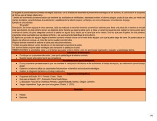 Se sugiere al docente elaborar diversas estrategias didácticas con la finalidad de desarrollar el pensamiento estratégico de los alumnos, el cual incida en la búsqueda
de formas para el trabajo colaborativo.
También se recomienda al maestro buscar que mediante las actividades de habilidades y destrezas motrices, el alumno ponga a prueba lo que sabe, por medio del
manejo de objetos, variando la base de sustentación y estableciendo la relación espacio y el tiempo, así como anticiparse a circunstancias de juego.
Ejemplo de una actividad:
“El canalito”
Descripción: Se forman equipos de cinco personas, cada uno realizará un recorrido formando un canal con bastones para llevar una pelota de un extremo a otro del
área; para lograrlo, los dos primeros ponen sus bastones de tal manera que pase la pelota como si fuese un canal; los siguientes dos realizan la misma acción para
continuar el camino; el quinto integrante conducirá la pelota con ayuda de su bastón por el canal que se ha creado. Una vez que pasó la pelota, los dos primeros
integrantes toman sus bastones y los colocan al frente, y así sucesivamente hasta llegar al otro extremo.
El objetivo es que todos los equipos lleguen al extremo contrario evitando chocar con el resto de los equipos y sin que la pelota salga del canal. Se puede colocar un
objetivo de referencia, porque a la mitad del camino pueden coincidir todos.
Propiciar distintas maneras de elaborar el canal para solucionar esta tarea.
También se puede efectuar carrera de relevos con los bastones transportando la pelota
Los alumnos deben proponer otras estrategias para transportar la pelota por el canal.
OBSERVACIONES: la actividad se repite y, en el tiempo que queda entre un intento y otro, los alumnos se organizarán y buscarán una estrategia distinta.
Indicadores de desempeño
 Contribuye con propuestas adecuadas, para que la pelota llegue al extremo contrario.
 Muestra respeto a las opiniones de sus compañeros.
Recomendaciones para la evaluación
 Es muy importante para este aspecto que se considere la participación del alumno en las actividades, el trabajo en equipo y su colaboración para el trabajo
grupal
 Observar si el alumno utiliza sus capacidades físicomotrices en beneficio de la actuación estratégica.
 Analizar, la integración del alumno al trabajo colaborativo.
Sugerencias bibliográficas
 Programas de Estudio 2011. Primaria Cuarto Grado.
 Guía para el Maestro 2011. Educación Física Cuarto Grado.
 La Educación Física en la Enseñanza Primaria, Castañer Balcells, Martha y Oleguer Camerino.
 Juegos cooperativos. Jugar para que todos ganen, Giraldo, J. (2005).
Materiales



Pelotas
Bastones

74

 