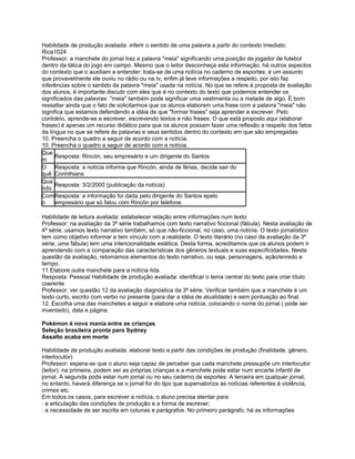Habilidade de produção avaliada: inferir o sentido de uma palavra a partir do contexto imediato.
Rica1024
Professor: a manchete do jornal traz a palavra "meia" significando uma posição de jogador de futebol
dentro da tática do jogo em campo. Mesmo que o leitor desconheça esta informação, há outros aspectos
do contexto que o auxiliam a entender: trata-se de uma notícia no caderno de esportes; é um assunto
que provavelmente ele ouviu no rádio ou na tv, enfim já teve informações a respeito, por isto faz
inferências sobre o sentido da palavra "meia" usada na notícia. No que se refere à proposta de avaliação
dos alunos, é importante discutir com eles que é no contexto do texto que podemos entender os
significados das palavras: "meia" também pode significar uma vestimenta ou a metade de algo. É bom
ressaltar ainda que o fato de solicitarmos que os alunos elaborem uma frase com a palavra "meia" não
significa que estamos defendendo a idéia de que "formar frases" seja aprender a escrever. Pelo
contrário, aprende-se a escrever, escrevendo textos e não frases. O que está proposto aqui (elaborar
frases) é apenas um recurso didático para que os alunos possam fazer uma reflexão a respeito dos fatos
da língua no que se refere às palavras e seus sentidos dentro do contexto em que são empregadas
10. Preencha o quadro a seguir de acordo com a notícia.
10. Preencha o quadro a seguir de acordo com a notícia.
Que
m
Resposta: Rincón, seu empresário e um dirigente do Santos
O
quê
Resposta: a notícia informa que Rincón, ainda de férias, decide sair do
Corinthians
Qua
ndo
Resposta: 3/2/2000 (publicação da notícia)
Com
o
Resposta: a informação foi dada pelo dirigente do Santos epelo
empresário que só falou com Rincón por telefone.
Habilidade de leitura avaliada: estabelecer relação entre informações num texto
Professor: na avaliação da 3ª série trabalhamos com texto narrativo ficcional (fábula). Nesta avaliação de
4ª série, usamos texto narrativo também, só que não-ficcional, no caso, uma notícia. O texto jornalístico
tem como objetivo informar e tem vínculo com a realidade. O texto literário (no caso da avaliação da 3ª
série, uma fábula) tem uma intencionalidade estética. Desta forma, acreditamos que os alunos podem ir
aprendendo com a comparação das características dos gêneros textuais e suas especificidades. Nesta
questão da avaliação, retomamos elementos do texto narrativo, ou seja, personagens, ação/enredo e
tempo.
11.Elabore outra manchete para a notícia lida.
Resposta: Pessoal Habilidade de produção avaliada: identificar o tema central do texto para criar título
coerente
Professor: ver questão 12 da avaliação diagnóstica da 3ª série. Verificar também que a manchete é um
texto curto, escrito com verbo no presente (para dar a idéia de atualidade) e sem pontuação ao final.
12. Escolha uma das manchetes a seguir e elabore uma notícia, colocando o nome do jornal ( pode ser
inventado), data e página.
Pokémon é nova mania entre as crianças
Seleção brasileira pronta para Sydney
Assalto acaba em morte
Habilidade de produção avaliada: elaborar texto a partir das condições de produção (finalidade, gênero,
interlocutor)
Professor: espera-se que o aluno seja capaz de perceber que cada manchete pressupõe um interlocutor
(leitor): na primeira, podem ser as próprias crianças e a manchete pode estar num encarte infantil de
jornal. A segunda pode estar num jornal ou no seu caderno de esportes. A terceira em qualquer jornal;
no entanto, haverá diferença se o jornal for do tipo que supervaloriza as notícias referentes à violência,
crimes etc.
Em todos os casos, para escrever a notícia, o aluno precisa atentar para:
· a articulação das condições de produção e a forma de escrever;
· a necessidade de ser escrita em colunas e parágrafos. No primeiro parágrafo, há as informações
 